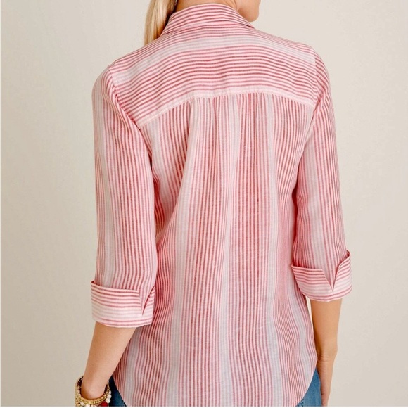 Chico's Linen Ombre Stripe Floral Accent No Iron Shirt FreshChic Blouse 2 12/14 - Picture 2 of 10